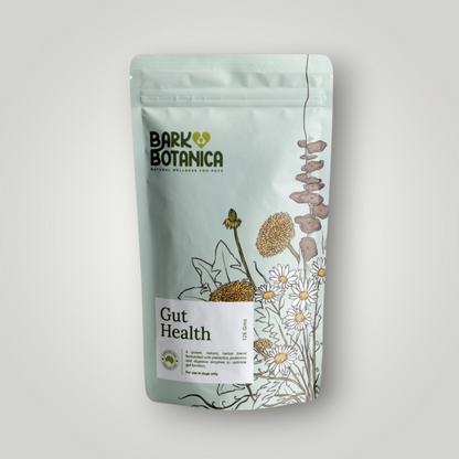 Pet wellness supplement by Bark Botanica promoting gut health for dogs, featuring natural ingredients in a colorful package.