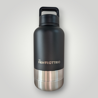 Pet adventure bottle from The Pawfect Trio featuring a compact, portable water container with a built-in bowl for pets.