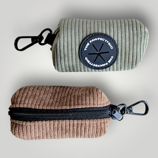 Corduroy dog poop pouch from The Pawfect Trio with a sleek design and secure closure, ideal for convenient pet waste disposal.