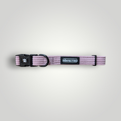 Candy-colored corduroy dog collar from The Pawfect Trio with a soft, textured fabric and adjustable buckle for pet comfort.