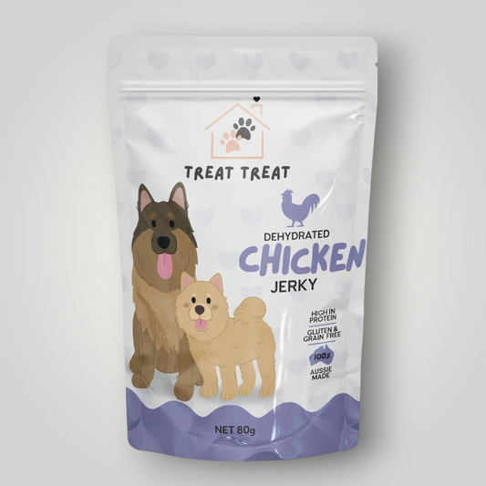 Dog treats package of Treat Treat chicken jerky for dogs, showing the resealable bag with chicken jerky strips inside.
