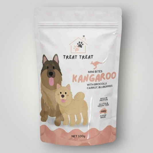 Treat Treat Kangaroo Training Bites dog treats, small chew treats for training and rewarding dogs, visible in the image.