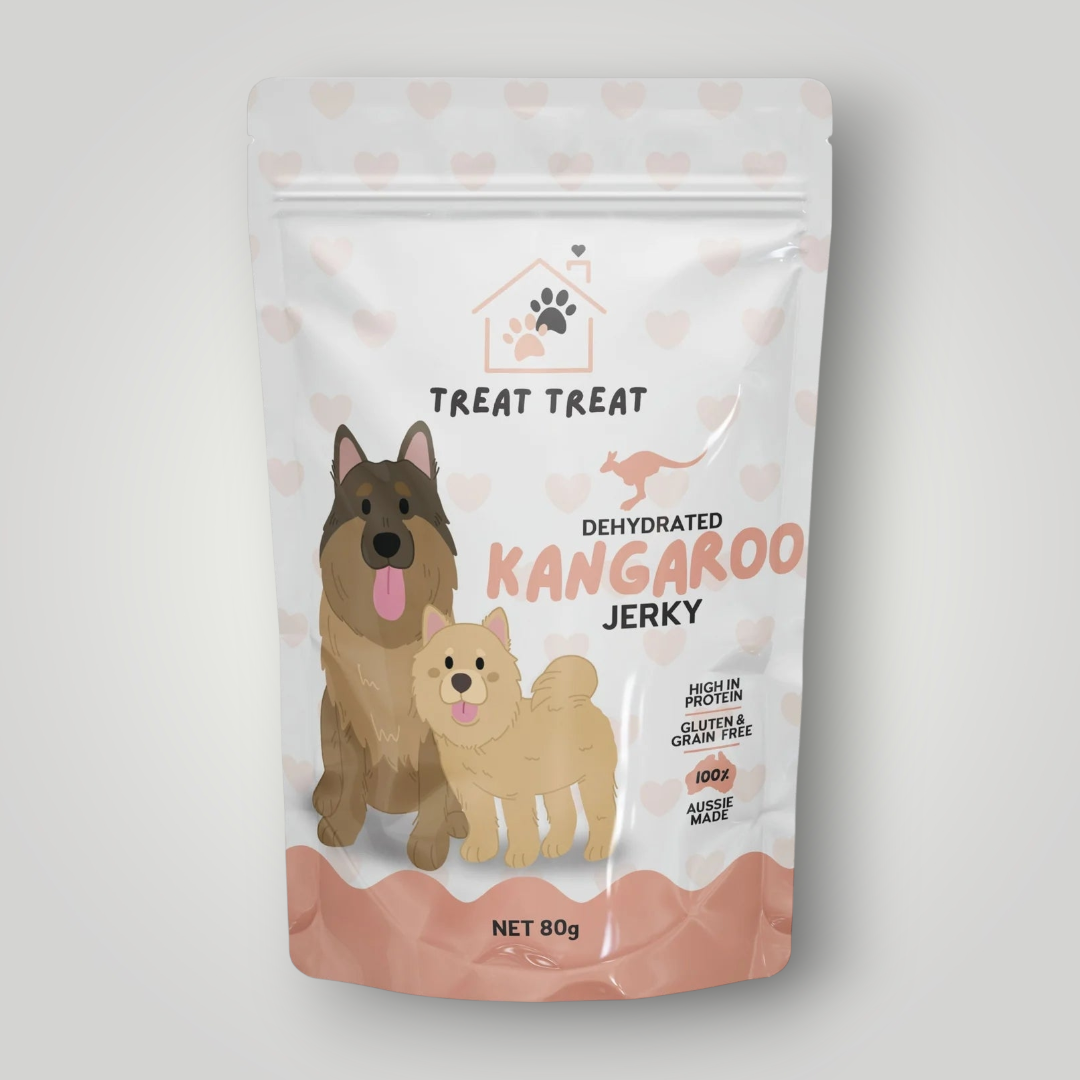 Dog treats featuring kangaroo jerky from Treat Treat, shown as tasty, chewy treats in a natural dog treat packaging.