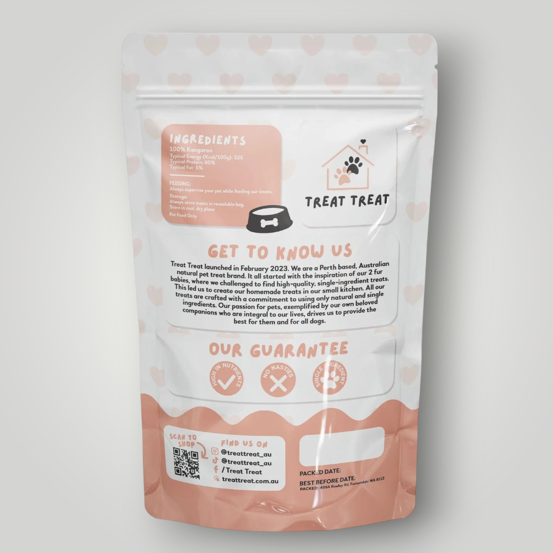 Dog treats by Treat Treat featuring kangaroo jerky for dogs, shown in a close-up image with jerky pieces on a neutral background.