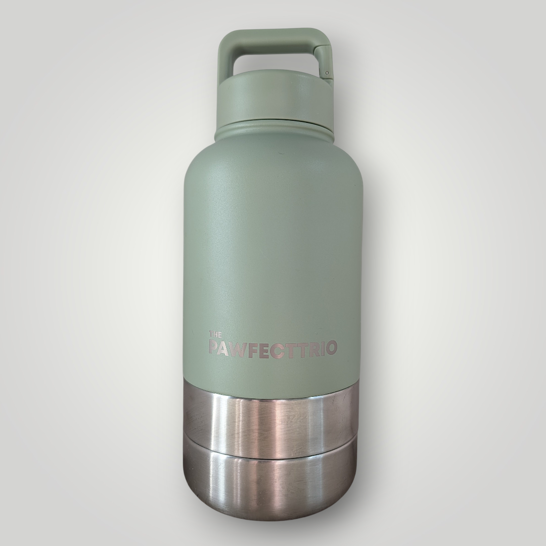 The Pawfect Trio Pawfect Adventure Bottle for pets, featuring a compact, portable water bottle with a built-in bowl for on-the-go hydration.