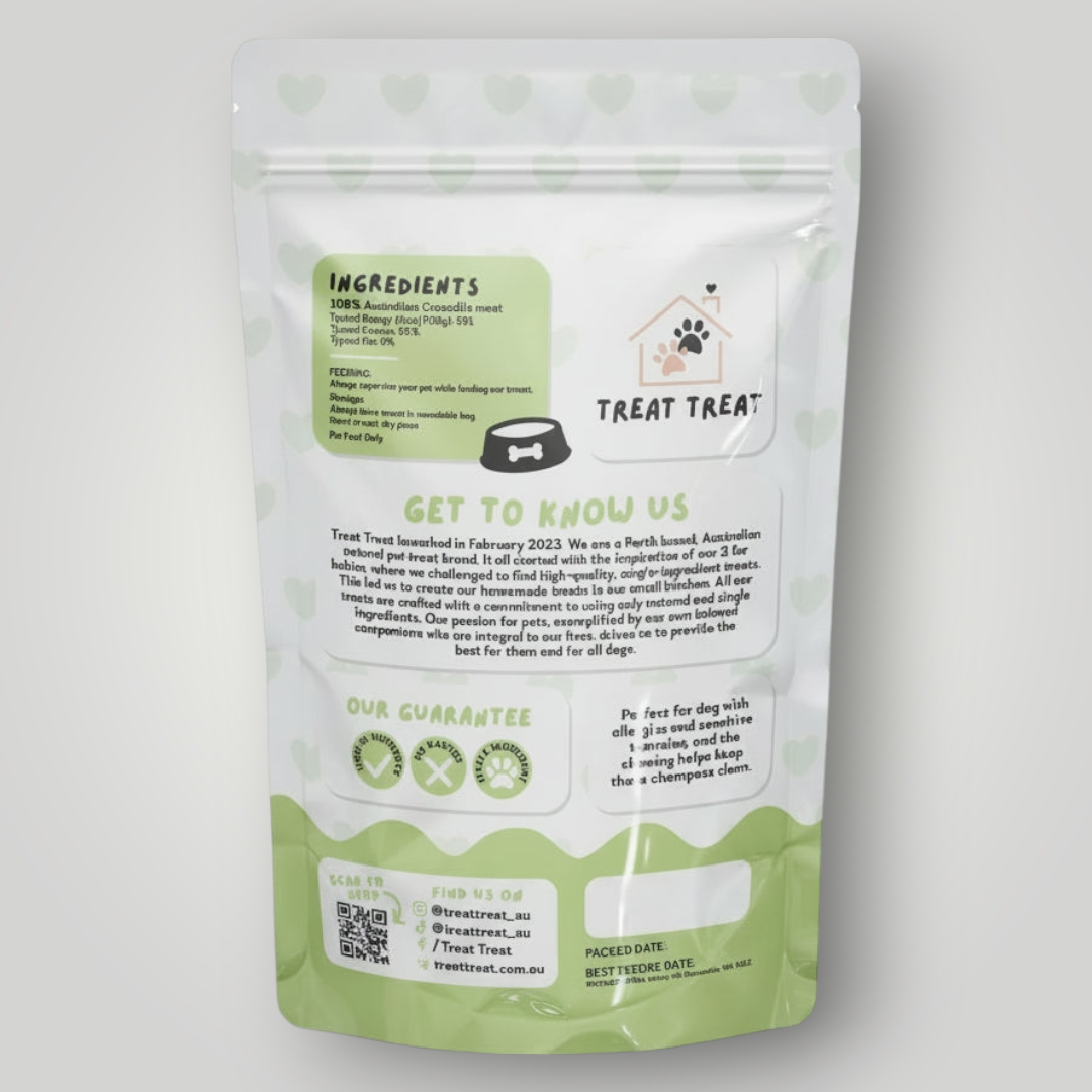 Treat Treat crocodile chips dog treats shown in a clear image, featuring crunchy, natural crocodile snack pieces for dogs.