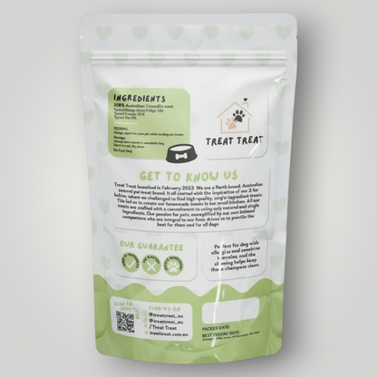 Treat Treat crocodile chips dog treats shown in a clear image, featuring crunchy, natural crocodile snack pieces for dogs.