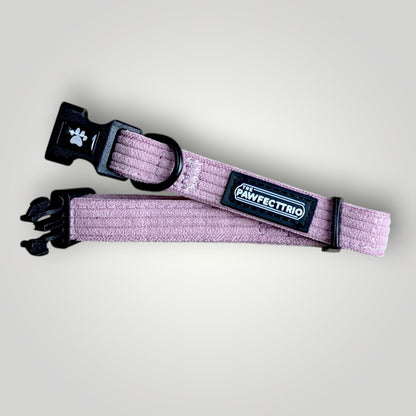 Corduroy dog collar from The Pawfect Trio pet accessories line, featuring a soft, textured fabric in a stylish design.