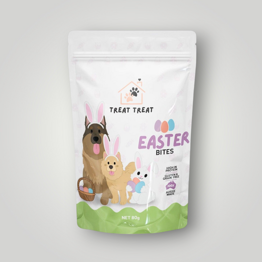 Limited edition Easter Bites dog treats by The Pawfect Trio, with colorful Easter-themed packaging and treats visible inside the bag.
