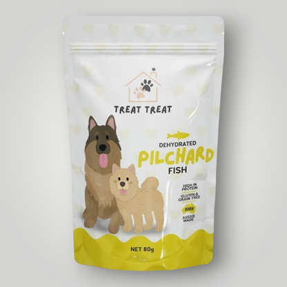 Treat Treat dog treats made from pilchards, showing a close-up of the fish treats in a natural setting.