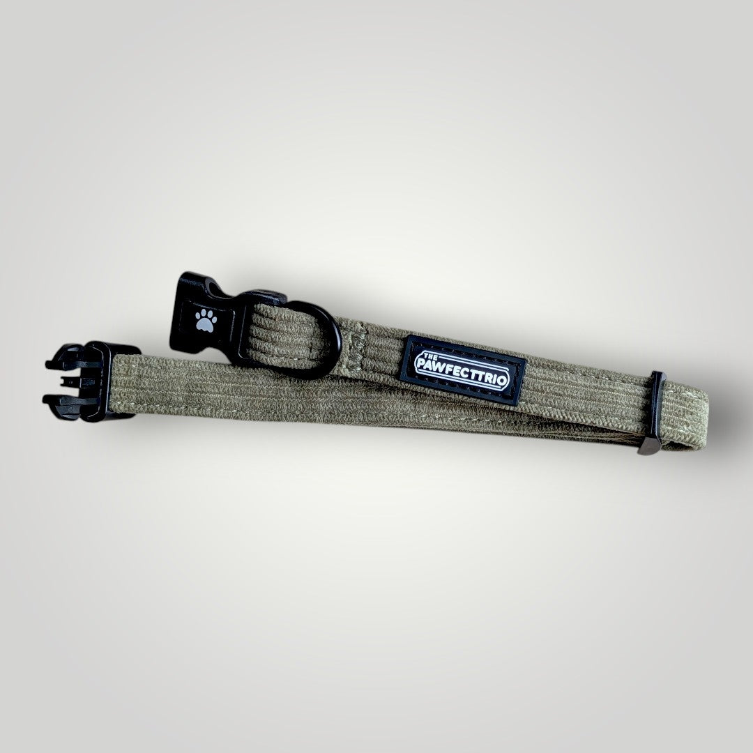 Corduroy dog collar from The Pawfect Trio, soft brown fabric with metal buckle and adjustable strap for pet accessories.