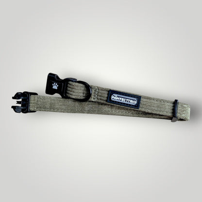 Corduroy dog collar from The Pawfect Trio, soft brown fabric with metal buckle and adjustable strap for pet accessories.