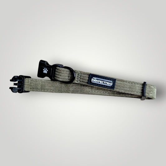 Corduroy dog collar from The Pawfect Trio, soft brown fabric with metal buckle and adjustable strap for pet accessories.